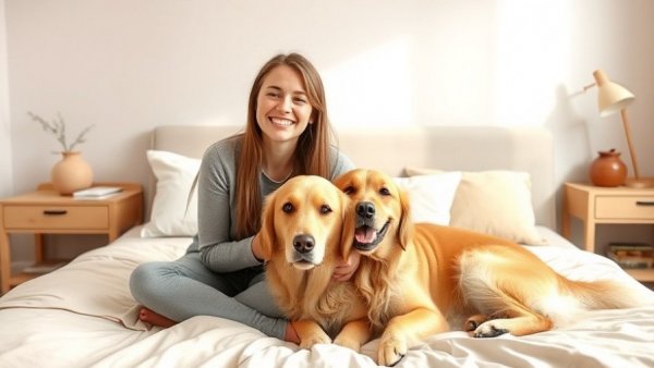 Young woman with golden retriever on bed, cozy Twixmas setting.
