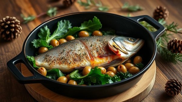 Rustic trout dish with kale and olives on a pine-decorated table.