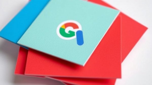Google News icon with colorful cards in the background.