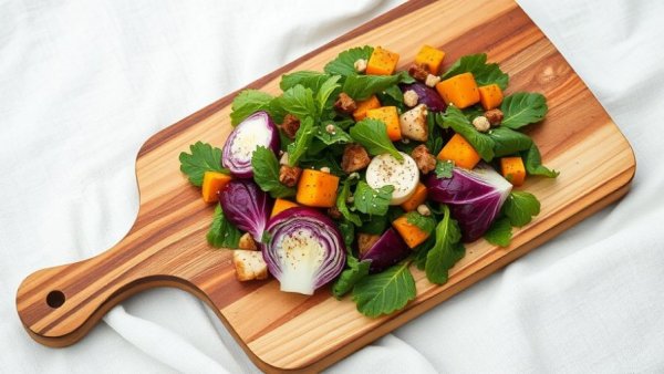Colorful winter salad on rustic board with natural elements, showcasing nourishing winter recipes.