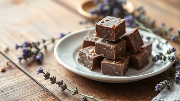 Chocolate Lavender and Tahini Fudge elegantly presented on a plate.