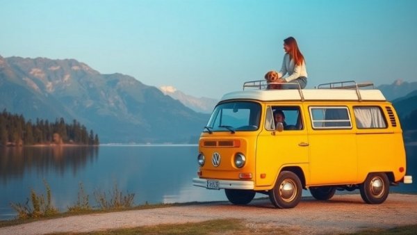 Benefits of travel illustrated by a woman and dog on a vintage van by a lake.