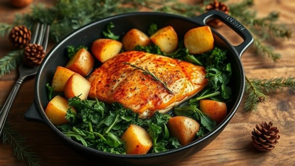 Winter herbs enhancing roasted salmon with potatoes and kale.