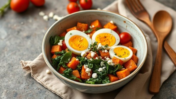 Rustic sweet potato breakfast bowl with eggs and vegetables
