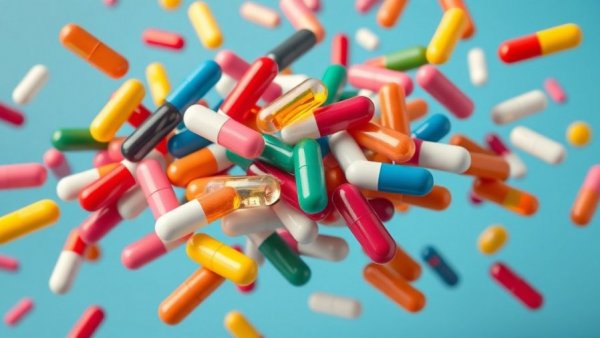 Colorful pills and capsules in motion illustrating UK drug decisions 2025.