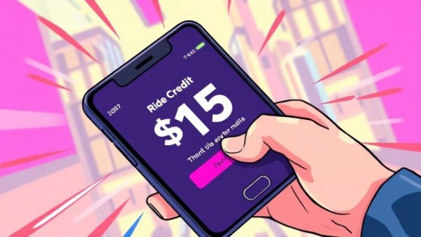 Smartphone screen showing $15 Lyft ride credit, modern digital theme.