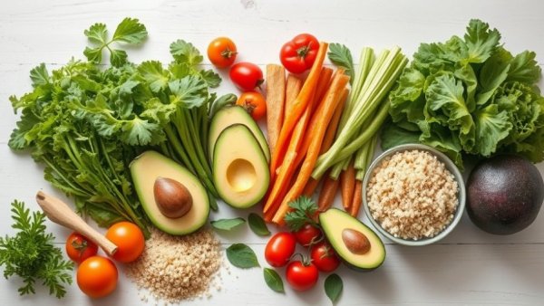 Colorful fresh ingredients for a gentle New Year reset meal.
