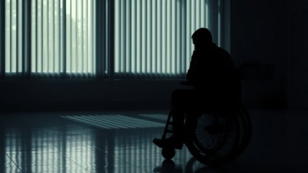 Silhouette of a person in a wheelchair reflecting on stroke recovery in a serene room.