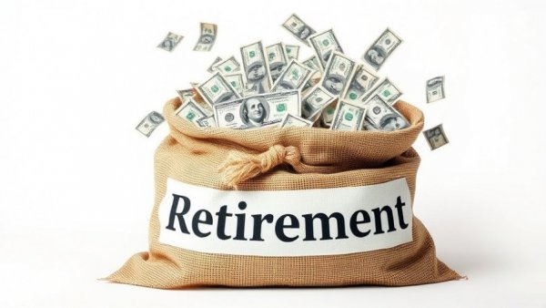 Burlap sack labeled 'Retirement' filled with money, symbolizing retirement savings.