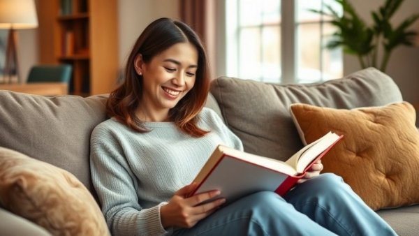 Smiling woman reading a book on a sofa, cozy setting.