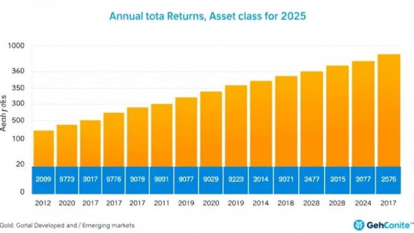 Detailed bar chart showing 2025 asset class performance, highlighting gold's highest returns.