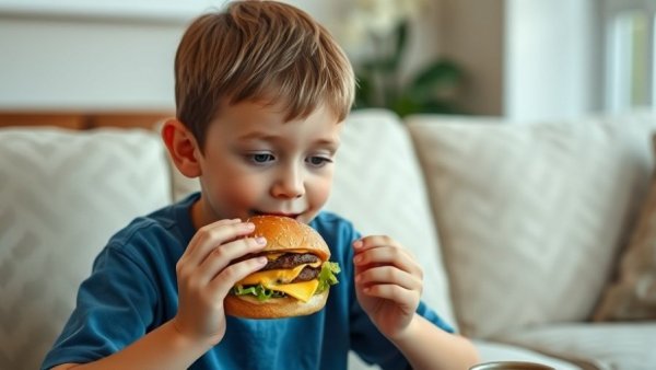 UK junk food ads ban concept with a boy eating a burger in a living room.