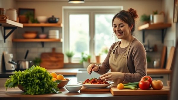 Young woman enjoying meal prep in a cozy kitchen.