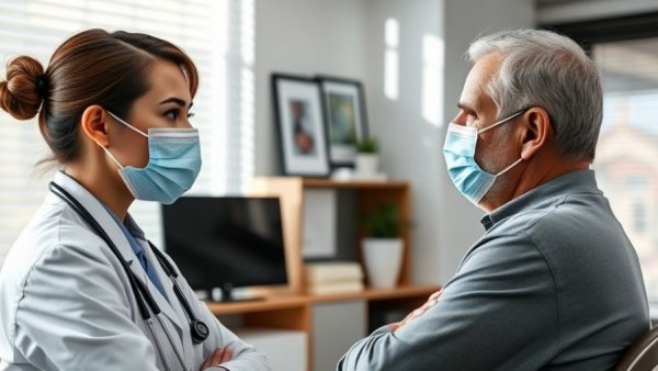 Doctor consulting older patient about infections in later life in clinic.