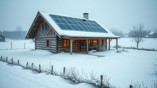 Snow on solar panels of a rustic house in winter setting.