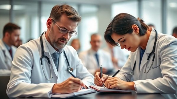 Doctors taking notes during NHS training meeting, UK Graduates NHS Training Prioritisation.