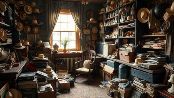 Dimly lit room showcasing hoarding habits with hats and vintage items.