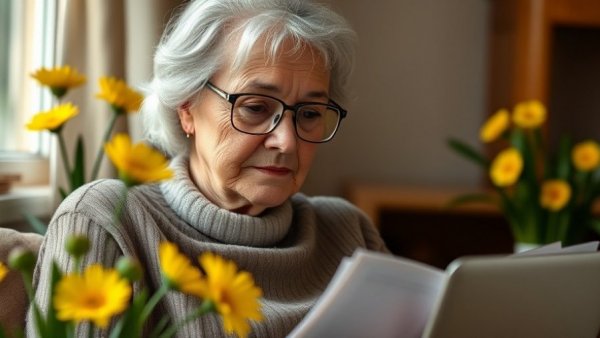 Elderly woman reading documents near laptop, exploring APOE variant and literacy decline.