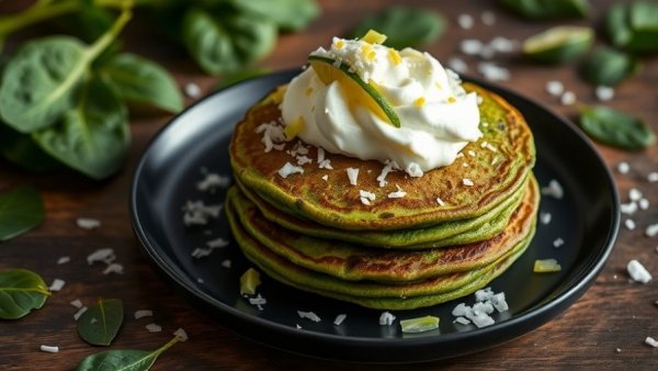 Glow-Up Green Pancakes with coconut topping on a dark plate.