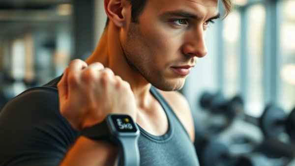 Close-up of a person in gym with smartwatch and weight plate, representing personalized wellness.
