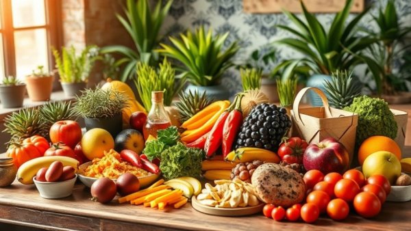 Vibrant display of energy boosting foods on a rustic table.