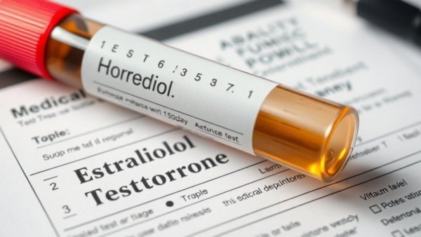 Hormone test tube on form highlighting testosterone; related to acne incidence in transgender patients.