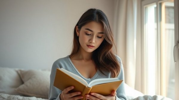 Feel-good books read by a woman in a serene bedroom.