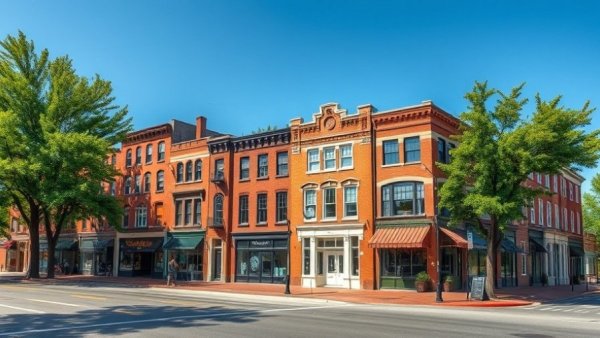 Historic buildings at a street intersection in Americus, Georgia, sunny day.