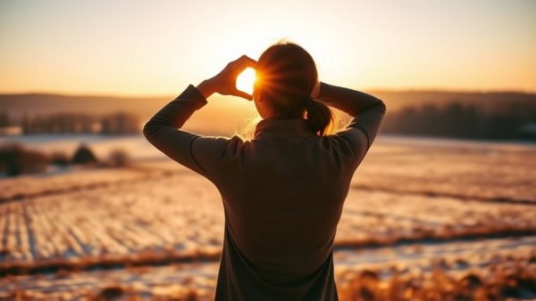 Natural light as an essential nutrient: woman forms heart with hands framing sun.
