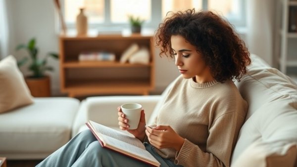 Young woman practicing Enneagram reset rituals with coffee and journal.