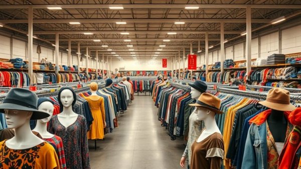 Interior of a spacious thrift store in Georgia showcasing clothes and accessories.