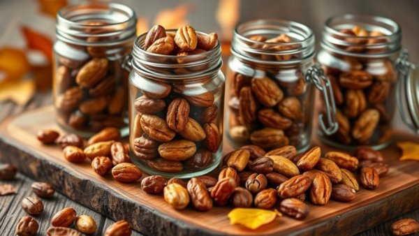 Maple Chili Roasted Mixed Nuts in glass jars on a wooden board.
