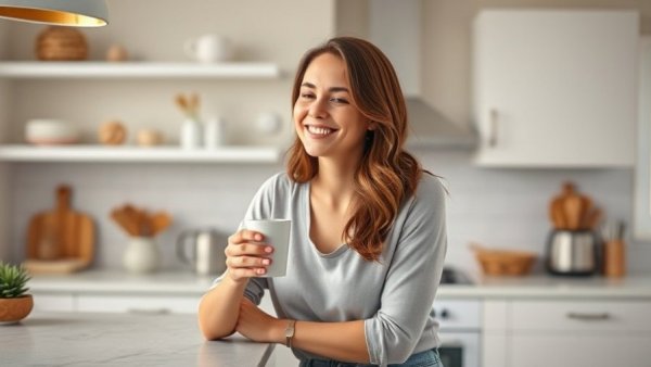 Woman in a cozy kitchen holding a cup, reduce inflammation through everyday habits.