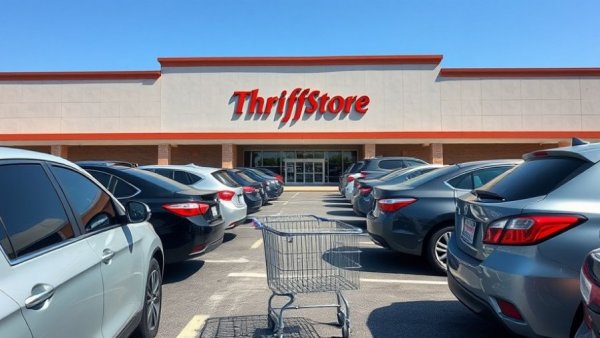 Thrift store in Georgia with cars parked outside.