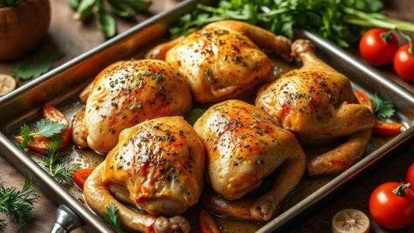 Appetizing Sheet Pan Chicken Dinner with herbs on a rustic table.