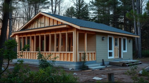 Construction site of split-level home addition at dusk in wooded area.