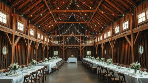 Rustic barn wedding venue setup with colorful lights.