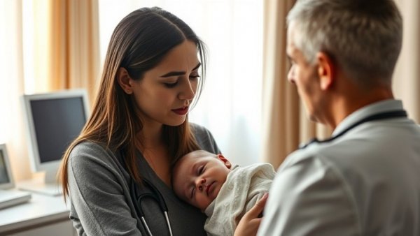 Mother and newborn in a doctor's office, discussing Postpartum Traumatic Stress Disorder.