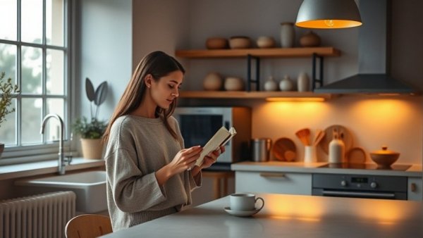 Sunday Kitchen Reset: Woman reading in modern kitchen.