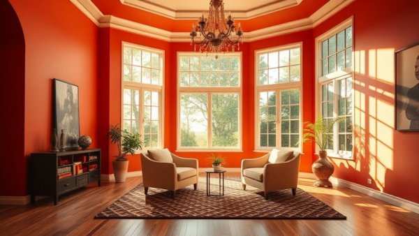 Living room showcasing color theory in interior design with coral walls.