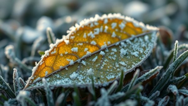 Frost-covered leaf on frozen grass conveying climate change impact.