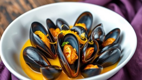 Mussels with saffron, coconut milk, orange zest in white bowl.