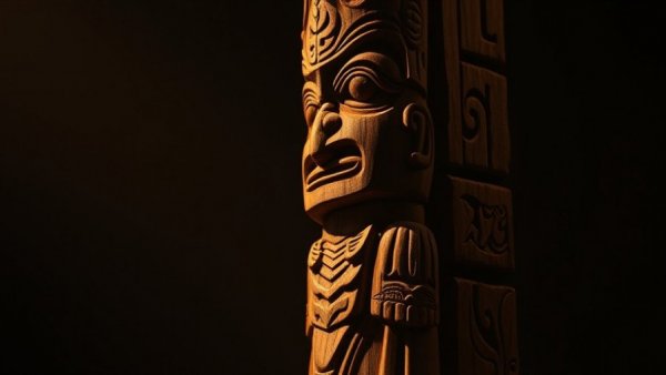 Carved wooden totem in shadow, depicting cultural language impact.