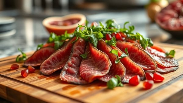 Beef carpaccio with pomegranate on marble board.