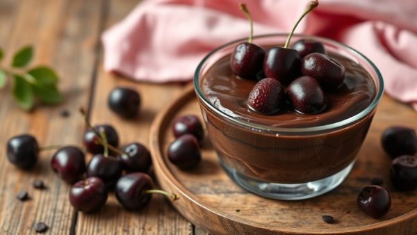 Chocolate maca pudding with cherries on a rustic table.