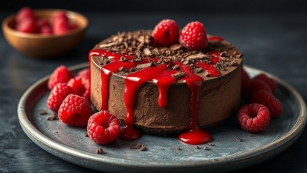 Mayan Fudge Cake with raspberry coulis on a gray plate.