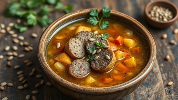 Blistered Vegetable Quinoa Sausage Soup garnished with seeds and herbs.