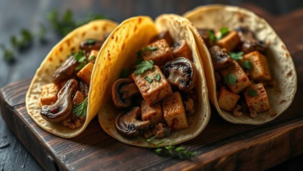 Chipotle Tofu Tacos filled with tofu and mushrooms on a dark board.