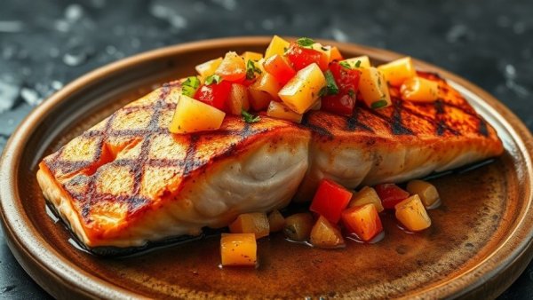 Roasted salmon with seared citrus salsa on rustic plate.