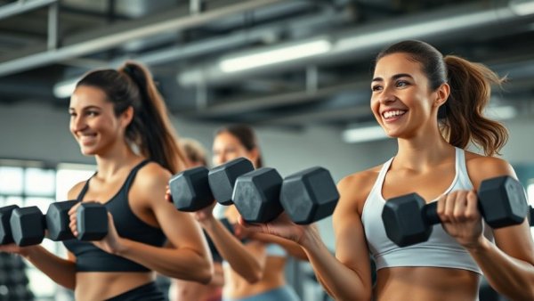 Women in gym practicing whole fitness for the heart, smiling at weights.